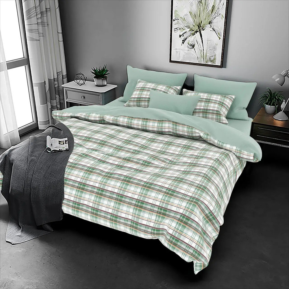 Постільний комплект двоспальний 180х220 Зелена клітка (23170) Бязь Ранфорс з компаньйоном, фото 1