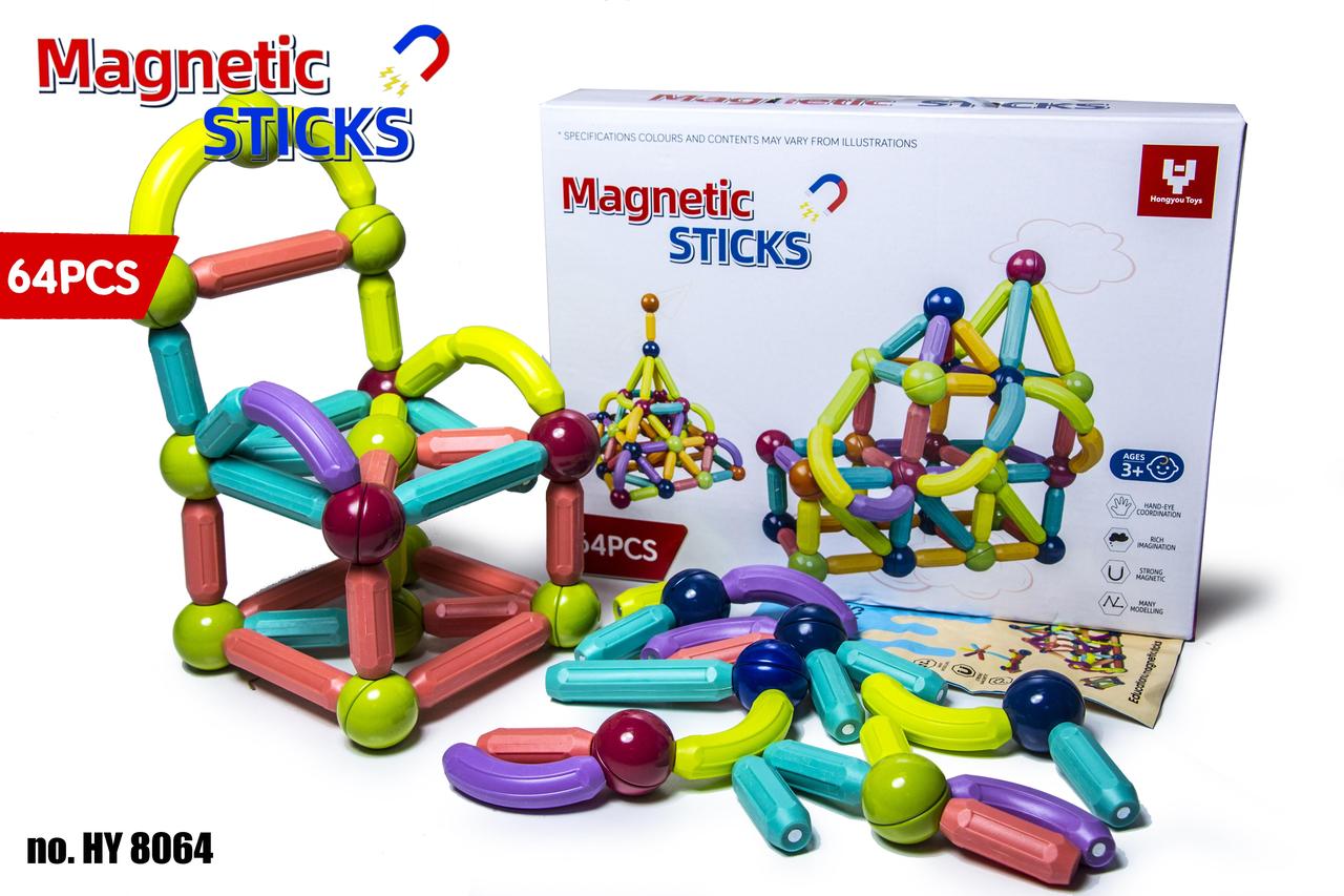 Магнітний конструктор MAGNETIC STICKS на 64 деталі, фото 1