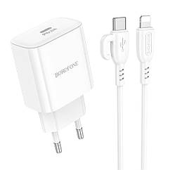 Мережевий зарядний пристрій Borofone BA81A 1 USB-C PD/QC 20W+Type-C to Lightning Колір Білий