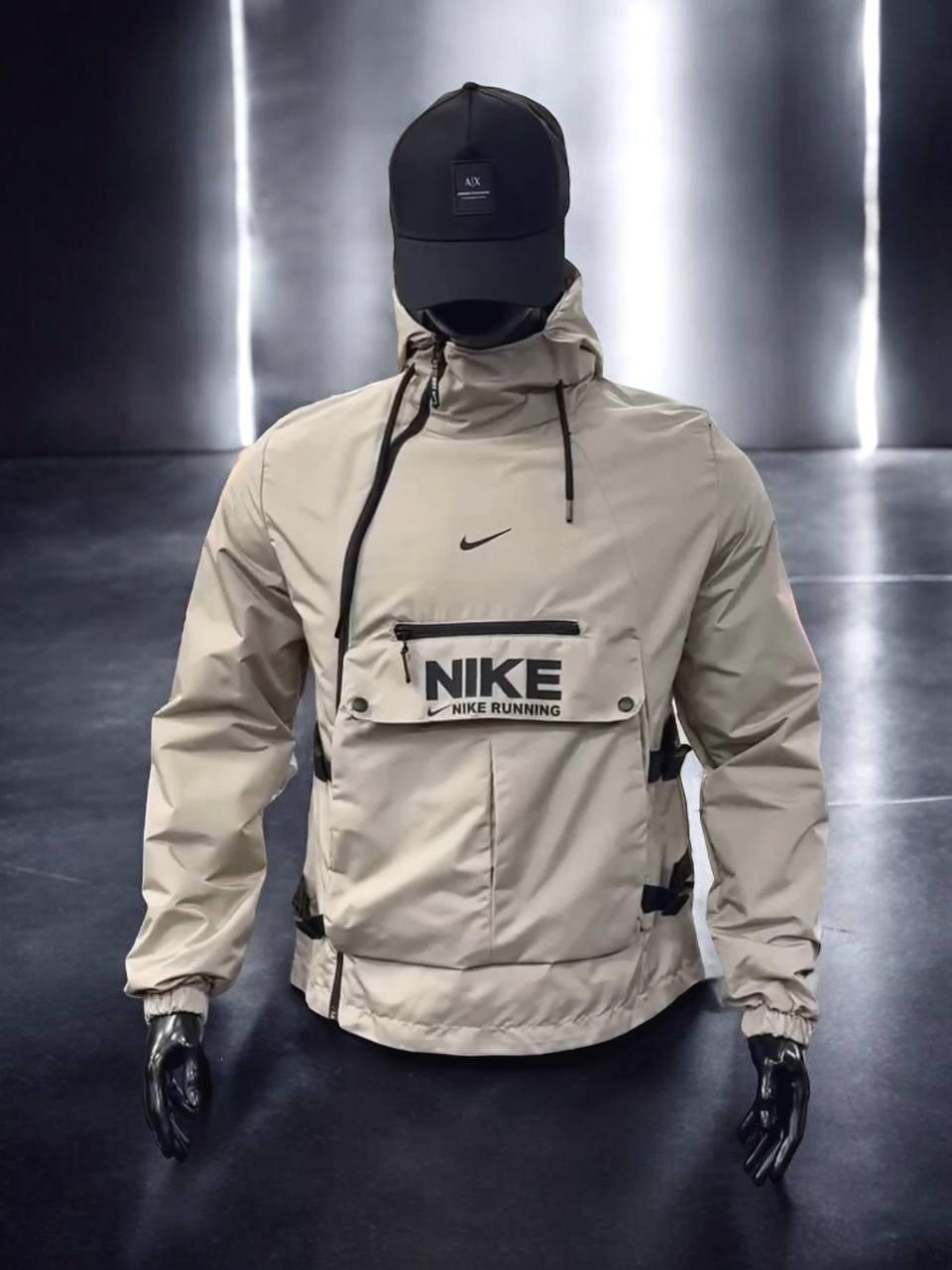 Молодіжний анорак Nike бежевий для тренувань Спортивна куртка вітровка чоловіча найк легка з капюшоном та бічними утяжками, фото 1