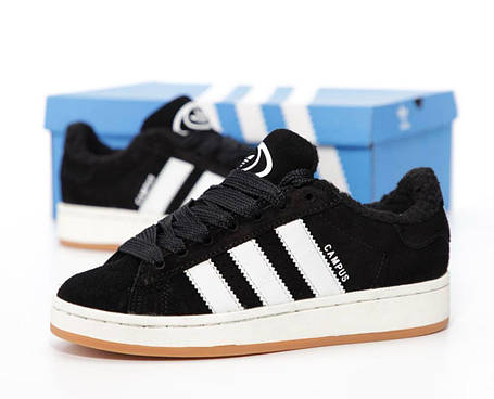 Чоловічі зимові кросівки Adidas Campus 00S Black Fur Winter Кеди Адідас Кампус чорно білі зимові замша хутро, фото 1