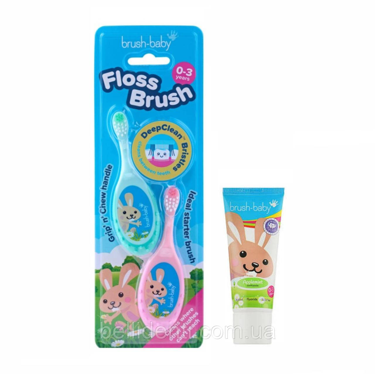 Набір Brush-Baby Floss Brush 0-3 років (2 зубні щітки бірюзова та рожева+зубна паста зайчик, 12 мл), 2 шт