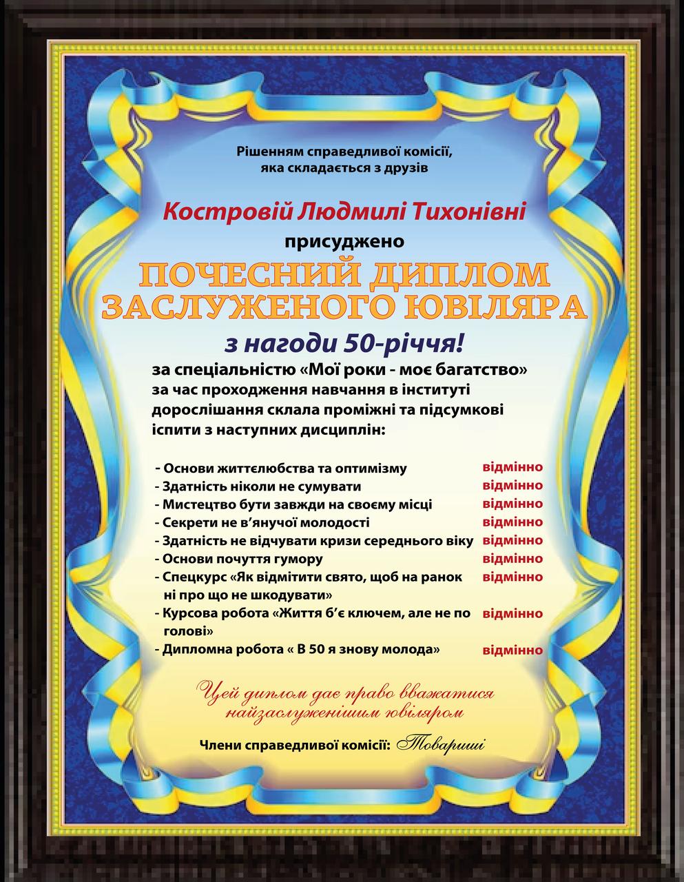 Гарний диплом на ювілей із ім'ям