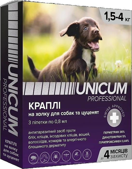 Краплі UN-085 Unicum PROFESSIONAL від бліх, кліщів для собак вагою 1,5-4 кг, 3 піпетки*0.8 мл, захист до 4 місяців