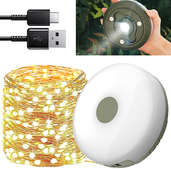 Акумуляторний ліхтар з гірляндою 20м, USB та магнітним кріпленням, Теплий білий / Підвісний ліхтар для кемпінгу