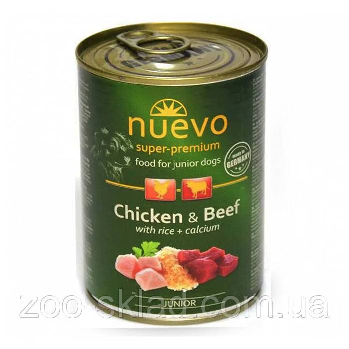 Nuevo DOG Can Junior Chicken & Beef консерва з куркою, яловичиною та рисом + кальцій, для цуценят 400г 95013