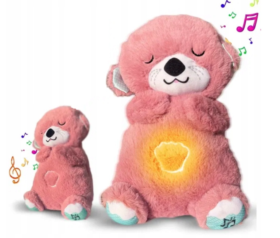 Дитяча м'яка інтерактивна іграшка "Видра" дихаюча, нічник музичний для сну з підсвіткою, рожевий, фото 1