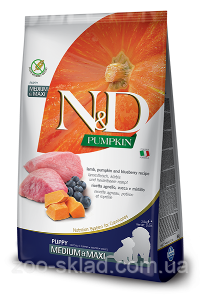 Farmina N&D Pumpkin DOG Lamb & Blueberry Puppy Medium & Maxi для цуценят середніх і великих порід, з ягням,