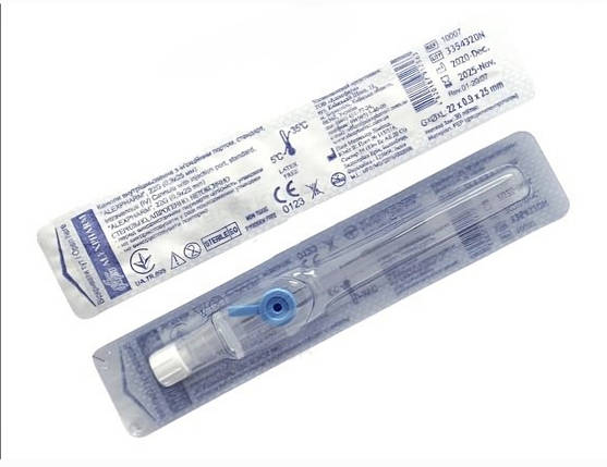 Катетер венозний периферичний з ін`єкційним портом портом стандарт ALEXPHARM 22G(0.9х25мм)синій, фото 1