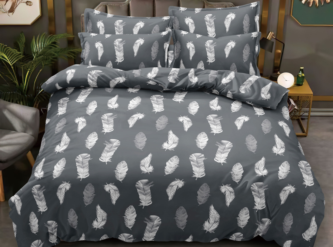 Постільна білизна Королева Ночі (Фланель) | Полуторний комплект | 50х70 | Пір'я на сірому, фото 1