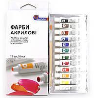 Акрилові фарби 12 кольорів по 6 мл + пензлик Art Rangers