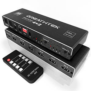 Відеокомутатор GREATHTEK. HDMI- матриця, 4 входи, 2 виходи 4K 60 Гц, ІЧ пульт