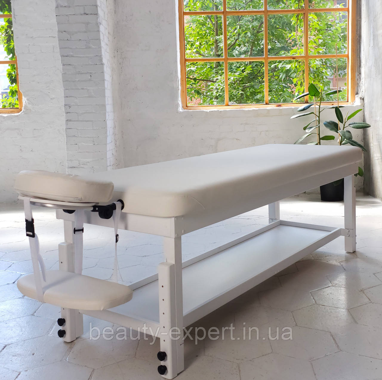 Кушетка масажна дерев'яна SPA масажний стіл 1 секційний з підголовником та полицею ST_KP-9 WHITE&SNOW