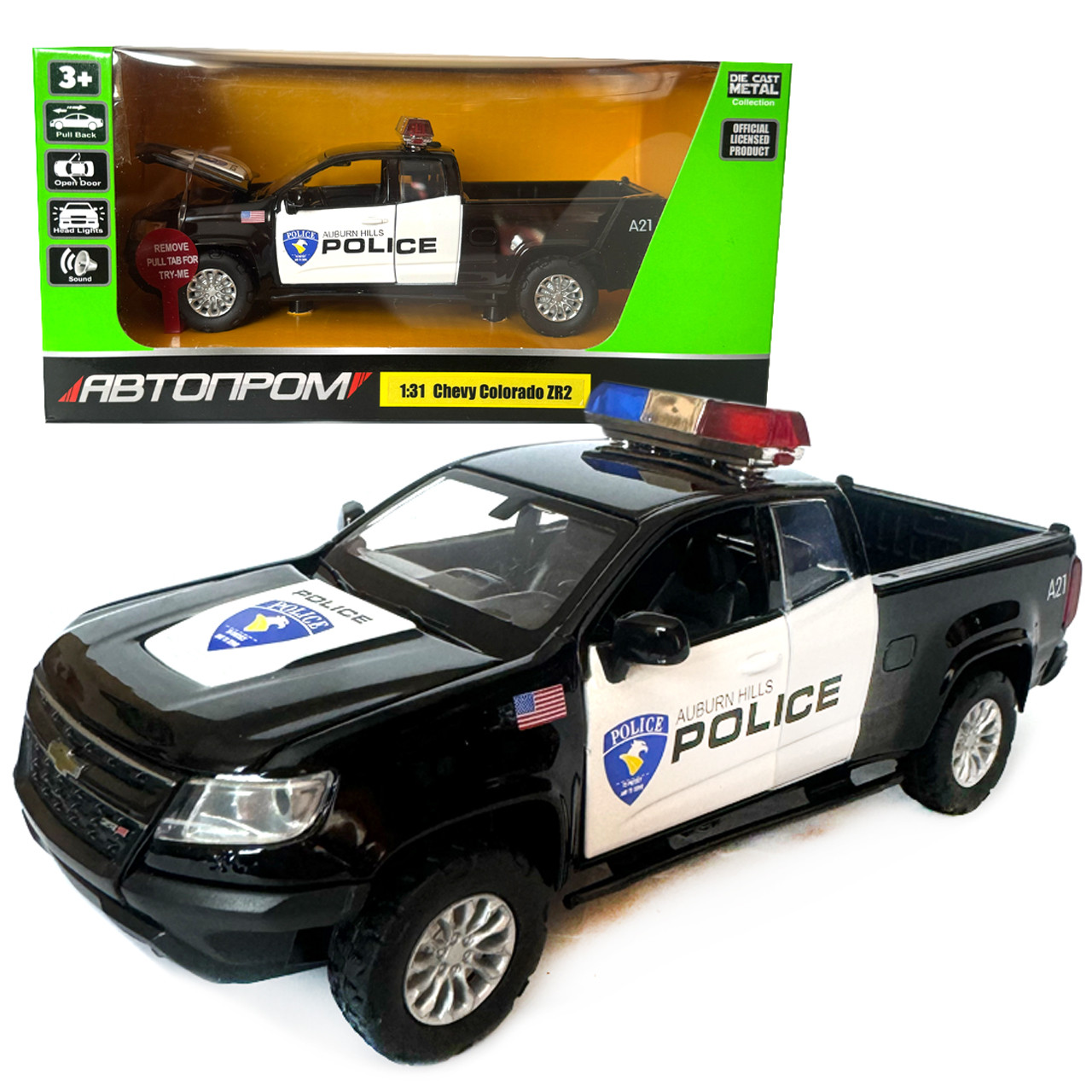 Машина металева Chevy Colorado ZR2 Police Автопром 1:31 світло звук відкр двері баг капот 18*7*6см (68465), фото 1