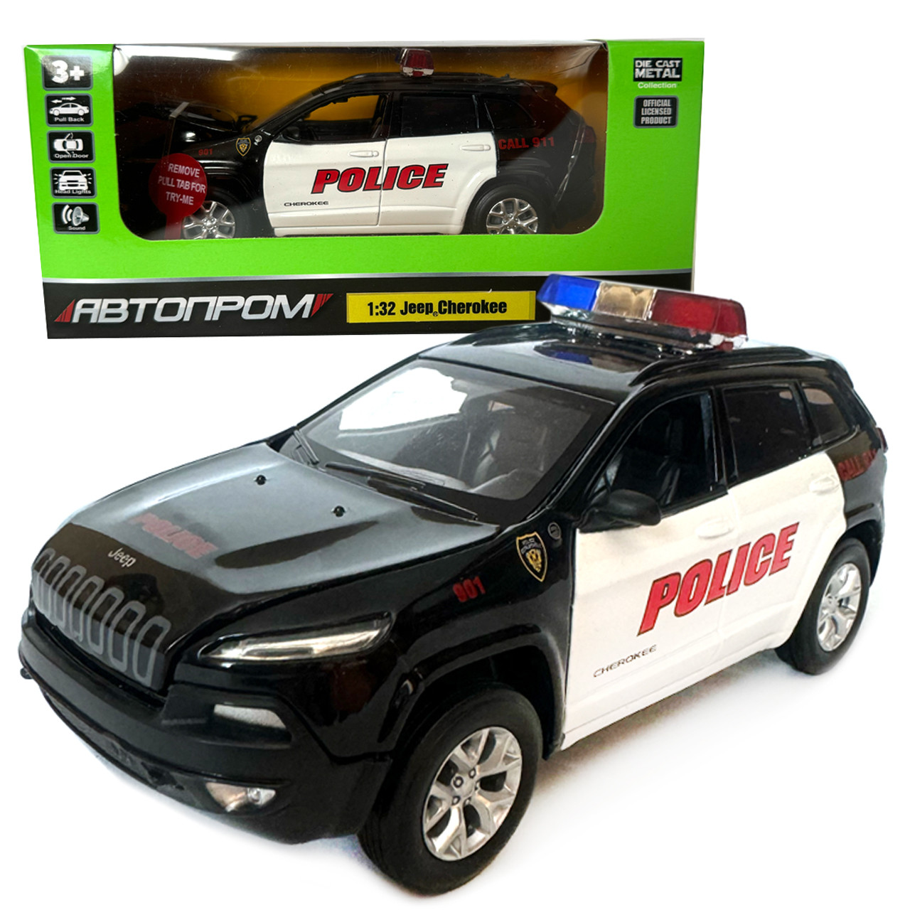 Машина металева поліція Jeep Cherokee-Police Джип чероке Автопром 1:32 інерція світло звук відкр двері баг капот 16*8*7см (68425), фото 1