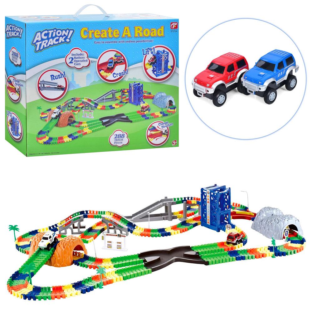 Трек CF1108 288 предметів, машинки 2шт., мости, дерева, знаки, бат., кор., 40-50-12 см., фото 1