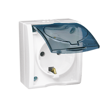 Розетка накладного монтажу з прозорою кришкою 1x з заземленням Simon Aquarius IP54, AQGSz1-2/11a, 16AX 250V~ IP54, гвинт. зажим, б
