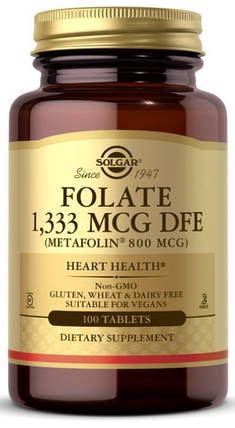 Фолієва кислота Solgar Folate 1,333 mcg DFE (Metafolin 800 mcg) 100 таб, фото 1