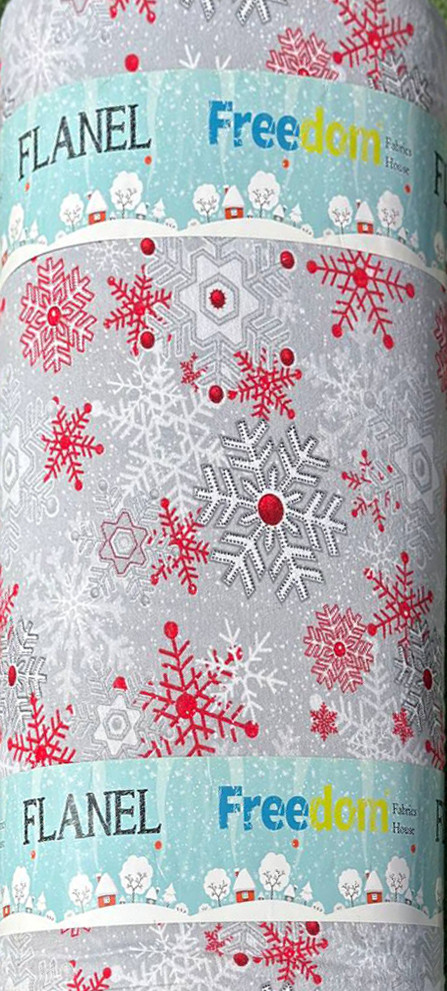 Натуральна тканина 240 см для постільного новорічного сіра зі сніжинками Фланель (байка) набивна 100% бавовняна рулон 25 м