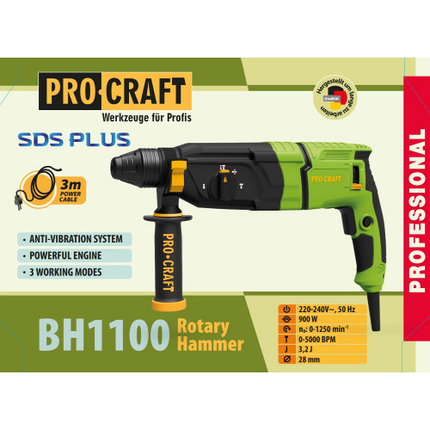 Перфоратор мережевий 900 Вт Procraft BH1100 0 - 1250 об хв Патрон SDS +, фото 4
