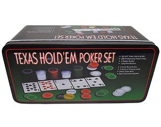 Набір для покеру в круглій металевій коробці на 200 фішок з номіналом.