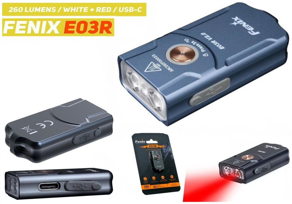 Наключний ліхтар брелок FENIX E03R Blue (260LM, Type-C USB, IP66, 6 режимів, +RED Light)