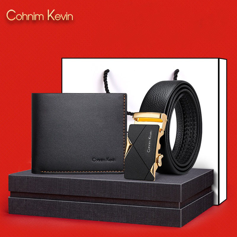 Набір чоловічий шкіряний ремінь автомат і гаманець-шум. Чоловічий подарунковий набір у коробці (чорний), фото 1