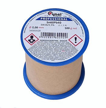 Припій ПОС-60 d2.0мм з флюсом Cynel бухта-0,5кг
