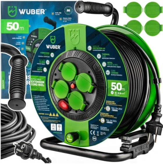 Подовжувач на котушці 50м 3x2.5мм на 4 розетки Wuber (Польща)