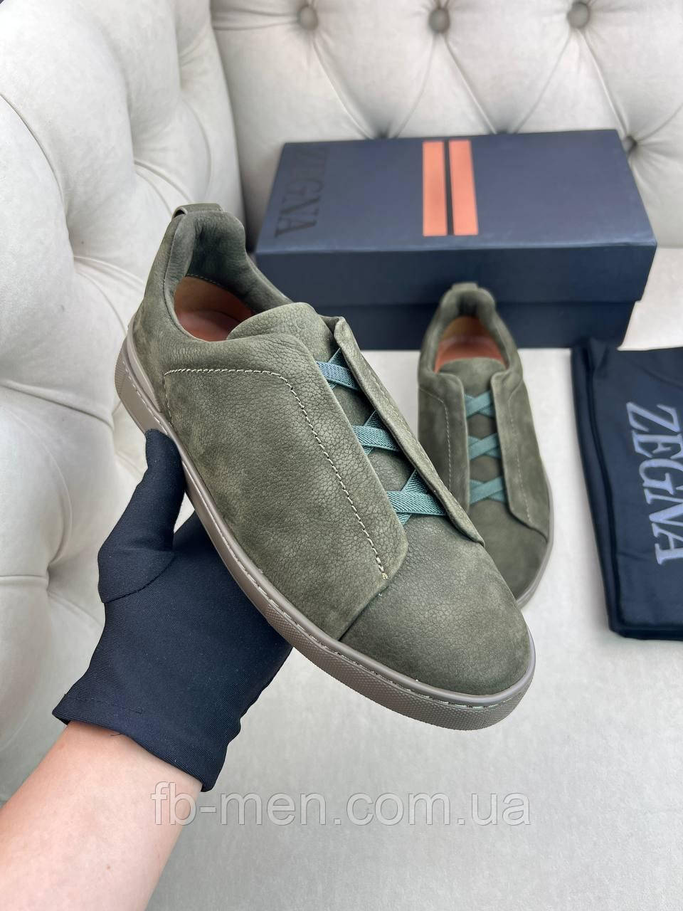 Кросівки Zegna Triple Stitch чоловічі з натуральної шкіри хакі преміум