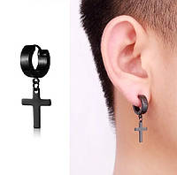 Сережка-кільце 1шт. з маленьким хрестиком чорна