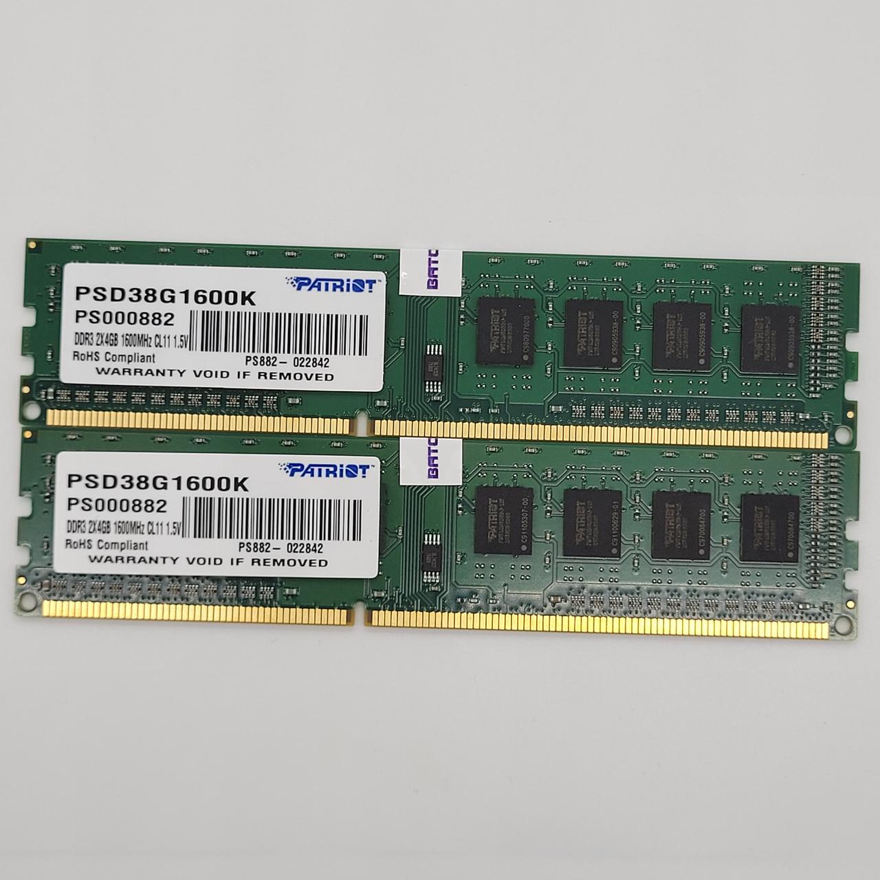 Пара оперативної пам'яті Patriot DDR3 8Gb (2x4Gb) 1600MHz PC3-12800U 1Rx8 CL11 (PSD38G1600K) Б/В
