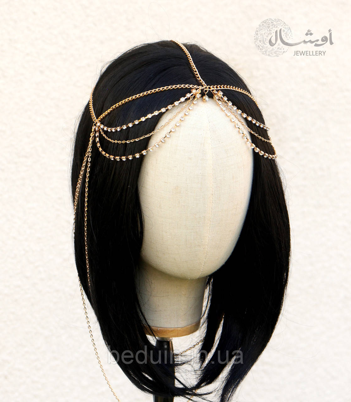 Вишукана, довга тіара "Silviya" прикраса на голову зі страз з ланцюжками — золотиста Aushal Jewellery