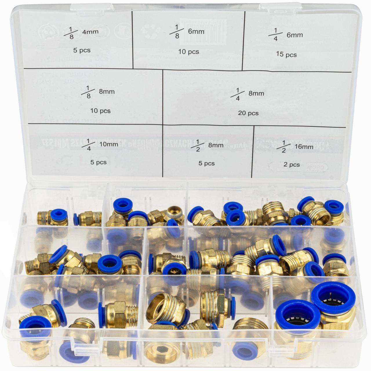Набір швидкороз'ємних з'єднань (пневматичних) 1/2″ / 1/4″ / 1/8″ (4-16 мм) 72 од. Vorfal V09080, фото 1