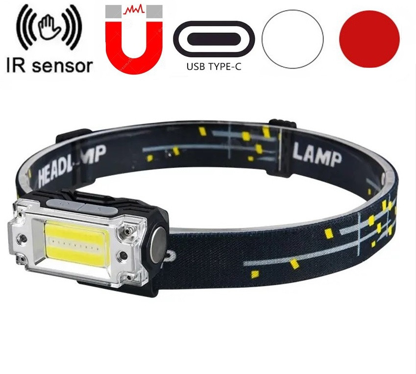 Налобний ліхтар із червоним світлом та датчиком руху (500LM, COB LED + RED Light, USB-C, IR, Магніт, Кліпса)