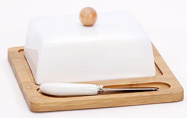 Маслянка фарфорова Naturel з ножем для масла на бамбуковій підставці, фото 1