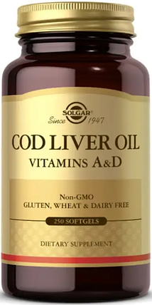 Жир із печінки тріски Solgar COD Liver Oil Vitamins A & D 250 капс, фото 1