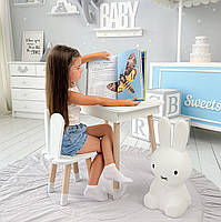 Стіл та стілець в дитячу, столик із підйомною шухлядою 53х60х45 стільчик вушка зайчика для відпочинку 26.5х26х25, білий, фото 2