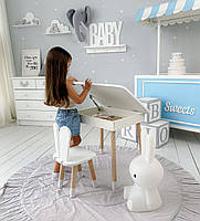 Стіл та стілець в дитячу, столик із підйомною шухлядою 53х60х45 стільчик вушка зайчика для відпочинку 26.5х26х25, білий, фото 6