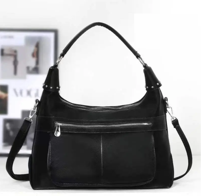 Сумка жіноча чорна 36*32 см на блискавці з кишенею та довгим ремінцем зі штучної шкіри Liza, фото 1