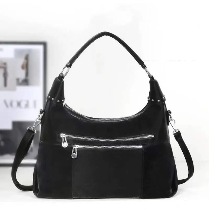 Сумка жіноча чорна 36*32 см на блискавці з кишенею та довгим ремінцем зі штучної шкіри Liza, фото 1