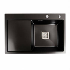 Мийка PVD Black Platinum Handmade 78*50B R (два отвори, квадратний сифон, 3.0/1.0 мм). Сталева чорна мийка