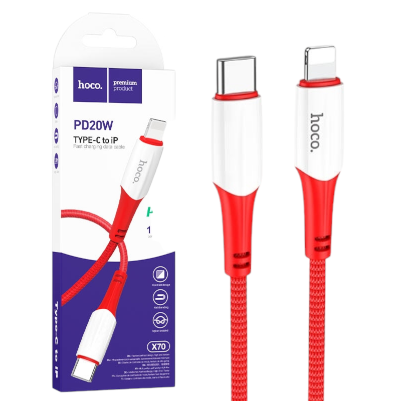 Кабель Type-C-Lightning Hoco X70 (20W/1м) червоний, кабель для зарядки телефону Type-C