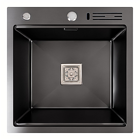 Кухонна чорна мийка 50*50 PVD чорна Platinum Handmade з підставкою для ножів. Сталева чорна мийка
