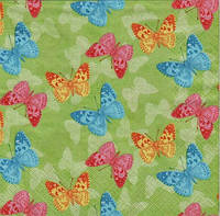 Салфетки бумажные "Разноцветные бабочки на зеленом фоне"