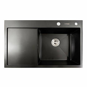 Кухонна мийка чорна PVD 78*48 R Platinum Handmade (два отвори, круглий сифон 3,0/0,8). Сталева мийка