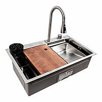 Кухонная мойка нержавейка со смесителем CM 75*46A Platinum Handmade "Водопад". Стальная мойка для кухни