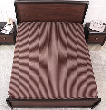 Натяжне двоспальне простирадло бязь на гумці коричневе в смужку (120*200*25) міцне бавовняне, фото 1