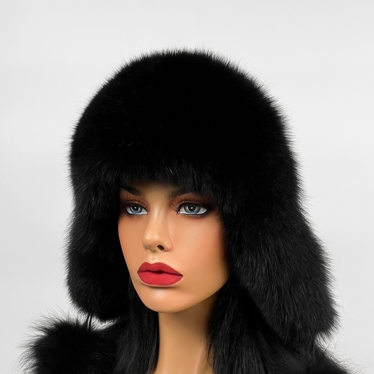 Ушанка з хутра песця і натуральної кожи (Чорна)