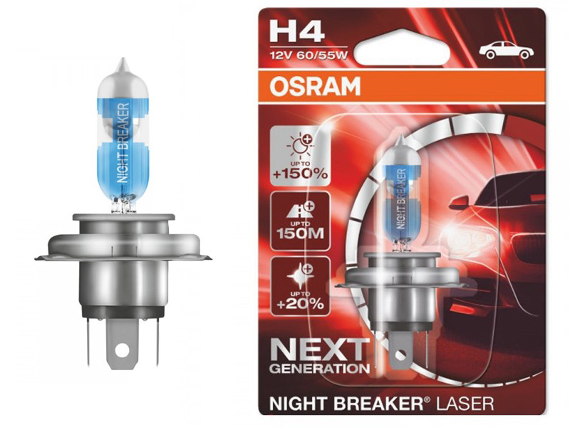 Галогенова лампа OSRAM H4 64193NL-01B Night Breaker LASER NG +150% 60/55W 12V P43T 1шт/блістер